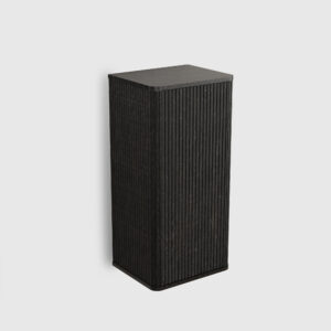 Striped brushed black oak floating bathroom side cabinet - wall-mounted storage cabinet for small spaces. This pre-assembled bathroom cabinet features curved safety edges, push-open door, and 2 adjustable shelves for flexible storage. Made of durable MDF and plywoods, it’s scratch and water resistant, with stylish striped texture that elevates bathroom decor. Perfect for organizing everyday bathroom essentials in compact apartments or powder rooms.