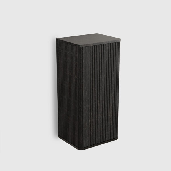 Bathroom Side Cabinet 1 Striped brushed black oak floating bathroom side cabinet - wall-mounted storage cabinet for small spaces. This pre-assembled bathroom cabinet features curved safety edges, push-open door, and 2 adjustable shelves for flexible storage. Made of durable MDF and plywoods, it’s scratch and water resistant, with stylish striped texture that elevates bathroom decor. Perfect for organizing everyday bathroom essentials in compact apartments or powder rooms.