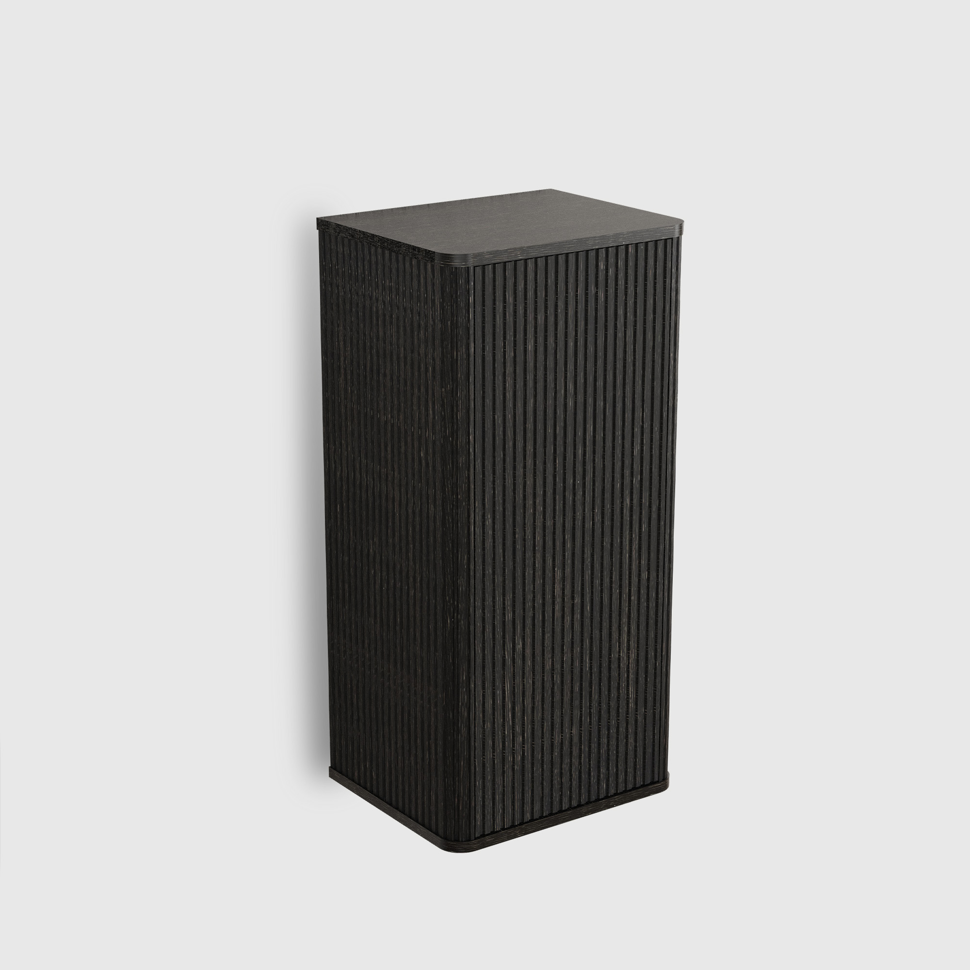 Bathroom Side Cabinet 1 Striped brushed black oak floating bathroom side cabinet - wall-mounted storage cabinet for small spaces. This pre-assembled bathroom cabinet features curved safety edges, push-open door, and 2 adjustable shelves for flexible storage. Made of durable MDF and plywoods, it’s scratch and water resistant, with stylish striped texture that elevates bathroom decor. Perfect for organizing everyday bathroom essentials in compact apartments or powder rooms.