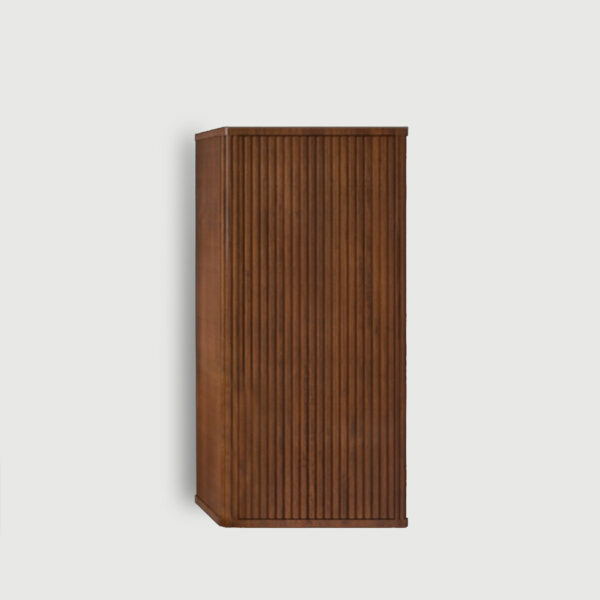 Bathroom Side Cabinet 1 Striped walnut bathroom floating side cabinet - wall-mounted storage cabinet for small spaces. This pre-assembled bathroom cabinet features curved safety edges, push-open door, and 2 adjustable shelves for flexible storage. Made of durable MDF and plywoods, it’s scratch and water resistant, with stylish striped walnut texture that elevates bathroom decor. Perfect for organizing everyday bathroom essentials in compact spaces.