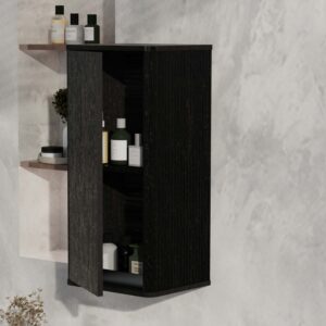 Striped brushed black oak floating bathroom side cabinet - wall-mounted storage cabinet for small spaces. This pre-assembled bathroom cabinet features curved safety edges, push-open door, and 2 adjustable shelves for flexible storage. Made of durable MDF and plywoods, it’s scratch and water resistant, with stylish striped texture that elevates bathroom decor. Perfect for organizing everyday bathroom essentials in compact apartments or powder rooms.