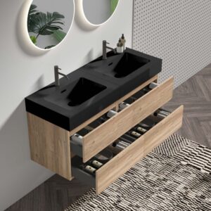 Rough Oak 48 bathroom vanity (24Inch×2), floating style + black quartz basin + U-shaped drainage holes