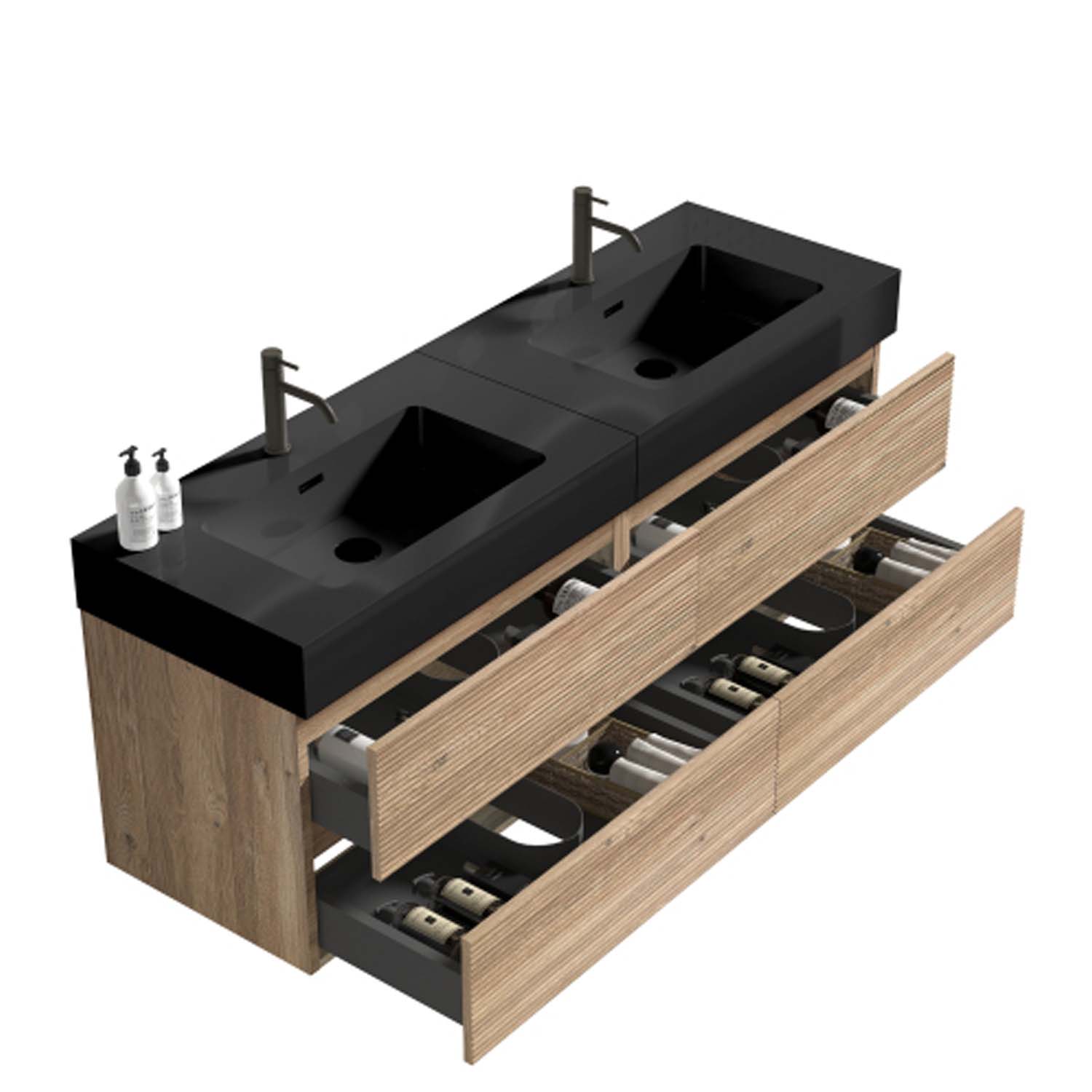 Bathroom Vanity -Matt Black Engineered Quartz Sink -Rough Oak Drawers (1)