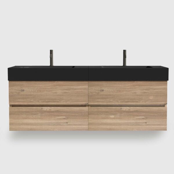 Bathroom Vanity -Matt Black Engineered Quartz Sink -Rough Oak Drawers (2) 60 bathroom vanity with sink, wall mounted modular cabinet (30Inch×2) + DTC silent soft-closing hardware