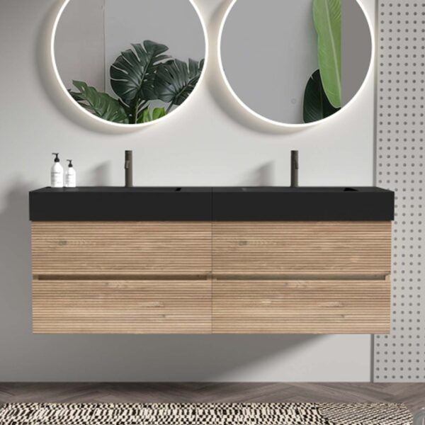 Bathroom Vanity -Matt Black Engineered Quartz Sink -Rough Oak Drawers (3)