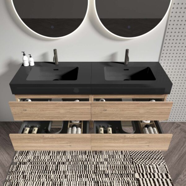 Bathroom Vanity -Matt Black Engineered Quartz Sink -Rough Oak Drawers (4)