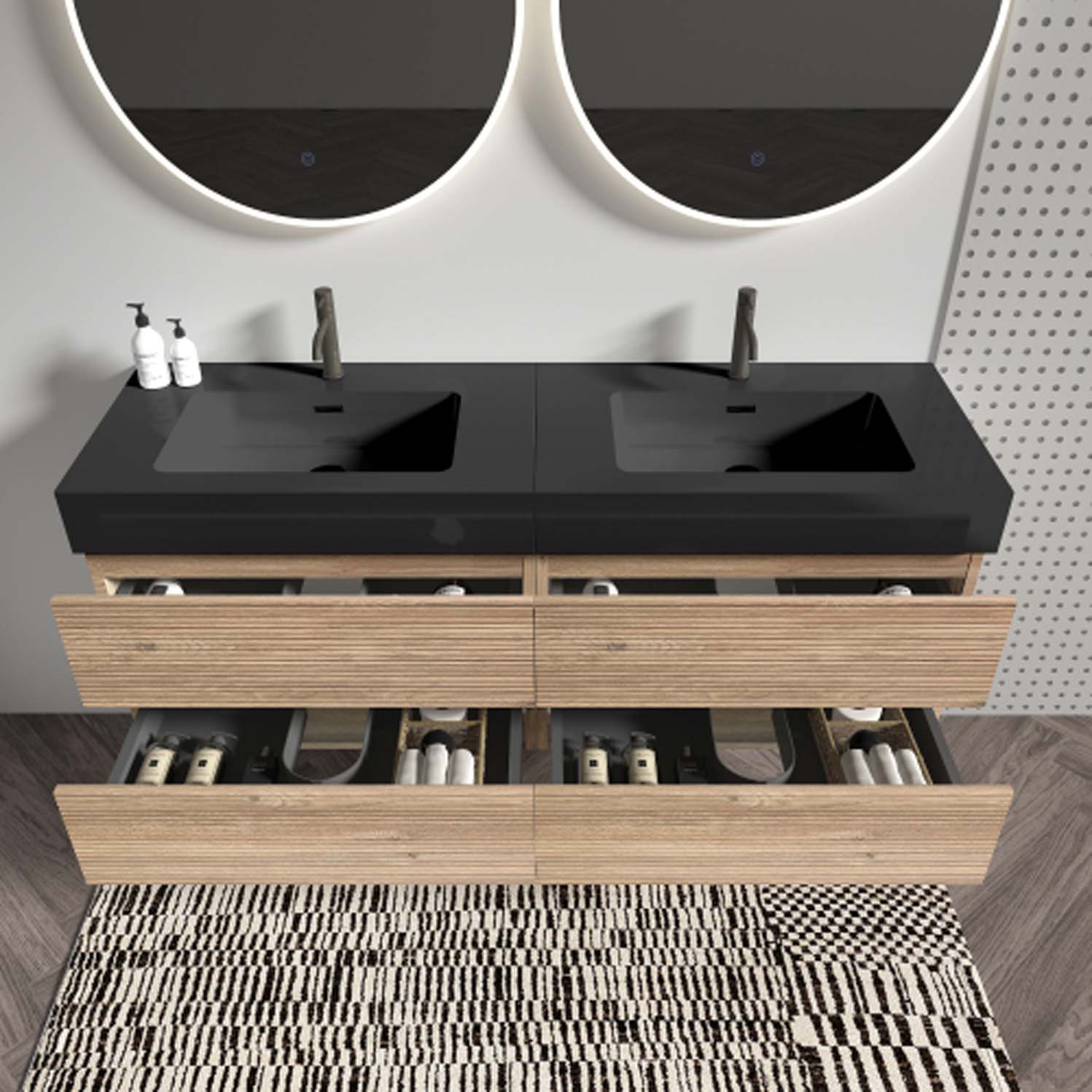 Bathroom Vanity -Matt Black Engineered Quartz Sink -Rough Oak Drawers (4)