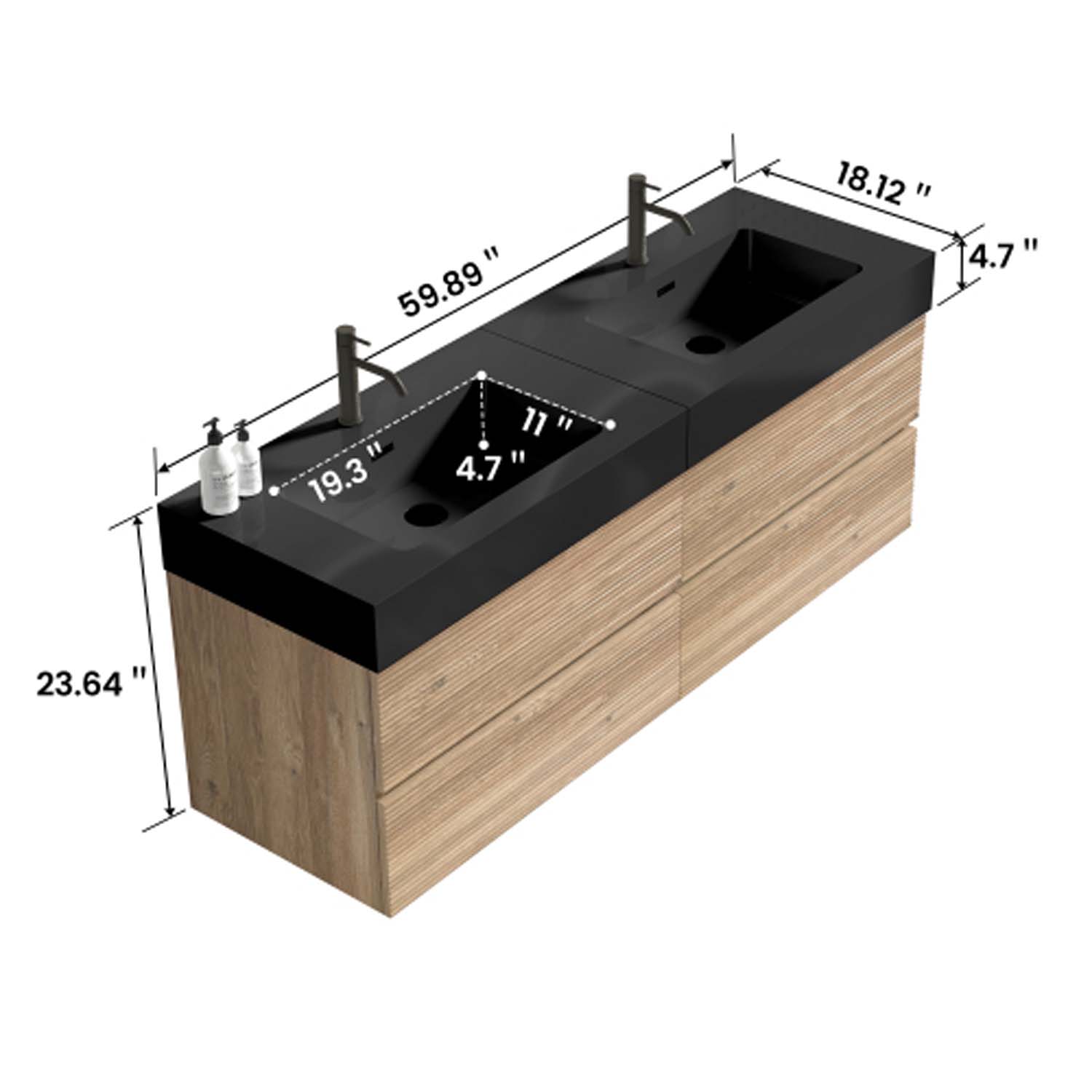 Bathroom Vanity -Matt Black Engineered Quartz Sink -Rough Oak Drawers (5)
