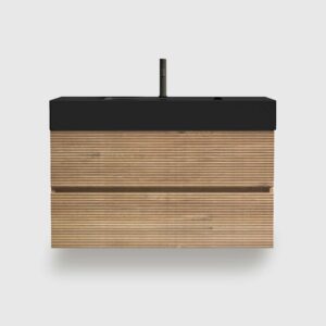 36 inch floating bathroom vanity, soft black double drawers + oak engineered quartz sink + black grille panel