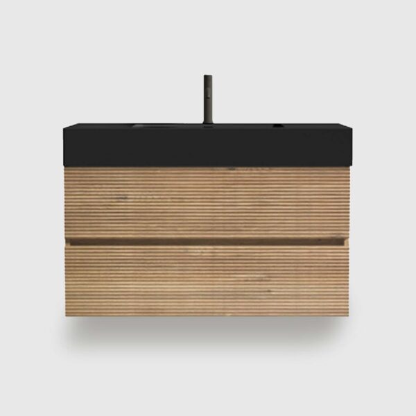 Bathroom Vanity -Oak Engineered Quart Sink -Soft Black Drawers (2) 36 inch floating bathroom vanity, soft black double drawers + oak engineered quartz sink + black grille panel