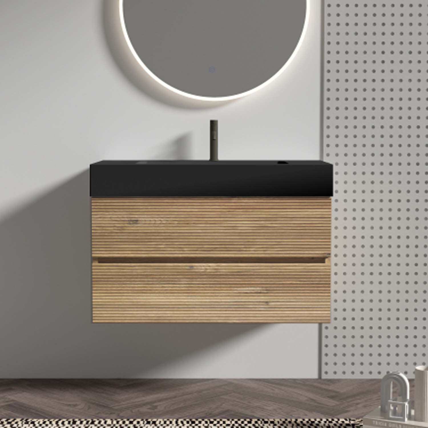 Bathroom Vanity -Oak Engineered Quart Sink -Soft Black Drawers (4)