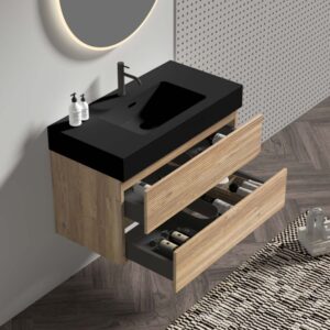 36 inch floating bathroom vanity, soft black double drawers + oak engineered quartz sink + black grille panel