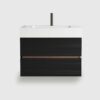 30 Inch Mid-Century Modern Wall Mounted Floating Bathroom Vanity with Engineered Quartz Sink, Soft Black Drawers, White Glossy One-Piece Basin