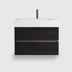 30 Inch Mid-Century Modern Wall Mounted Floating Bathroom Vanity with Engineered Quartz Sink, Soft Black Drawers, White Glossy One-Piece Basin