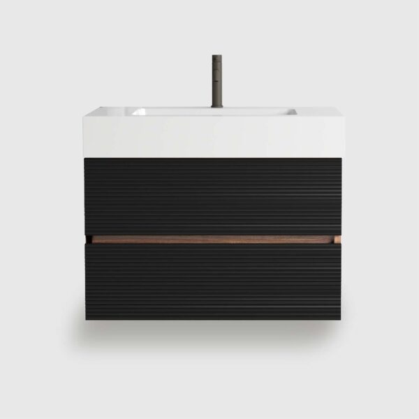 30 Inch Mid-Century Modern Wall Mounted Floating Bathroom Vanity with Engineered Quartz Sink, Soft Black Drawers, White Glossy One-Piece Basin