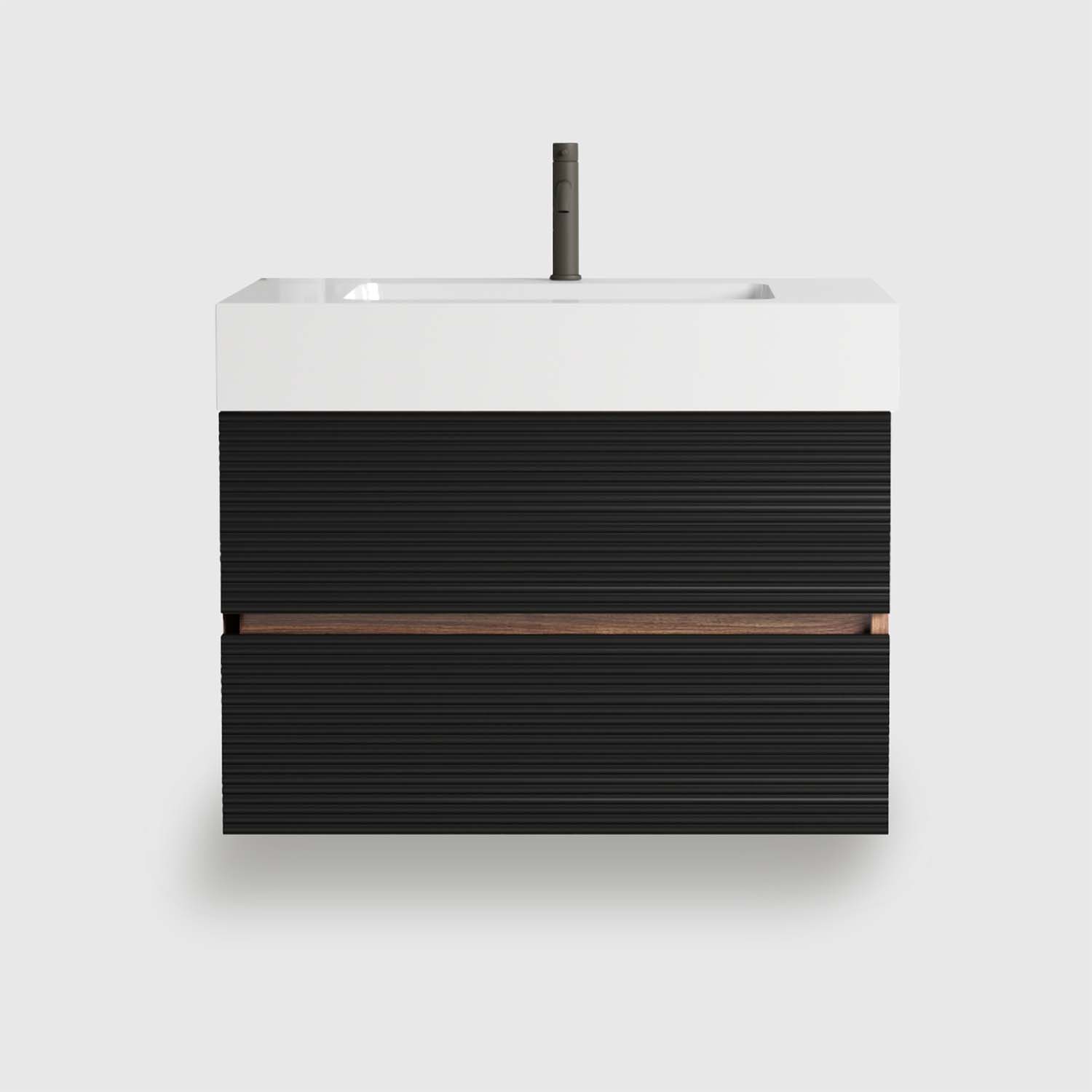 30 Inch Mid-Century Modern Wall Mounted Floating Bathroom Vanity with Engineered Quartz Sink, Soft Black Drawers, White Glossy One-Piece Basin