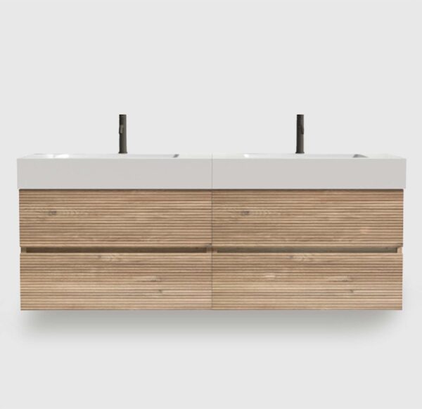 Bathroom Vanity -White Engineered Quartz Sink-Rough Oak Drawers (2) 60 inch vanity with sink (2×30unit), Rough Oak finish + hidden handle + U-shaped drawer drainage holes