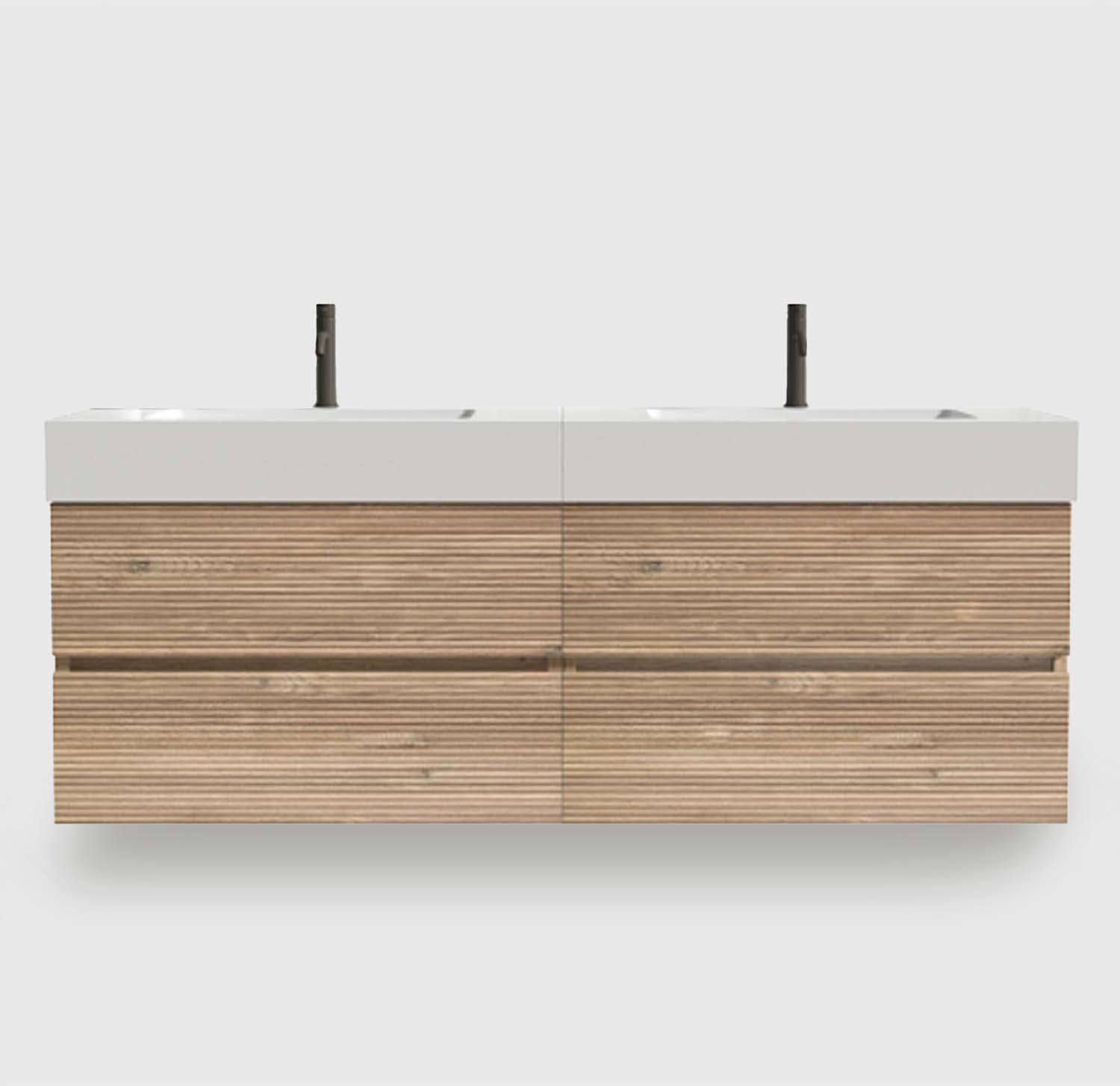 Bathroom Vanity -White Engineered Quartz Sink-Rough Oak Drawers (2) 60 inch vanity with sink (2×30unit), Rough Oak finish + hidden handle + U-shaped drawer drainage holes