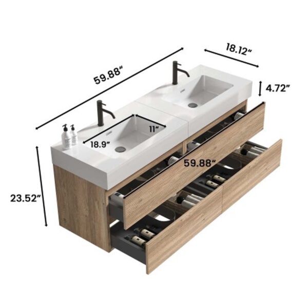 Bathroom Vanity -White Engineered Quartz Sink-Rough Oak Drawers (5)
