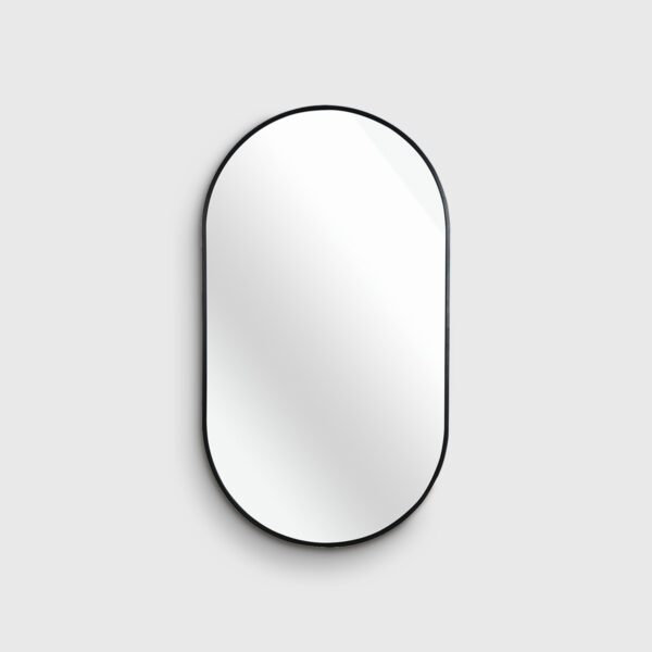 Black metal framed oval wall mirror, modern minimalist vanity mirror for bathroom and entryway decor