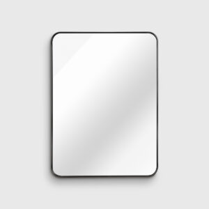 Black metal framed rectangular wall mirror with rounded corners, modern minimalist vanity mirror for bathroom and entryway