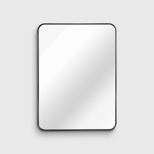 Black metal framed rectangular wall mirror with rounded corners, modern minimalist vanity mirror for bathroom and entryway