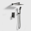 "Matte black wall-mounted rainfall shower system with handheld shower head and dual control mixer valve, modern bathroom fixture