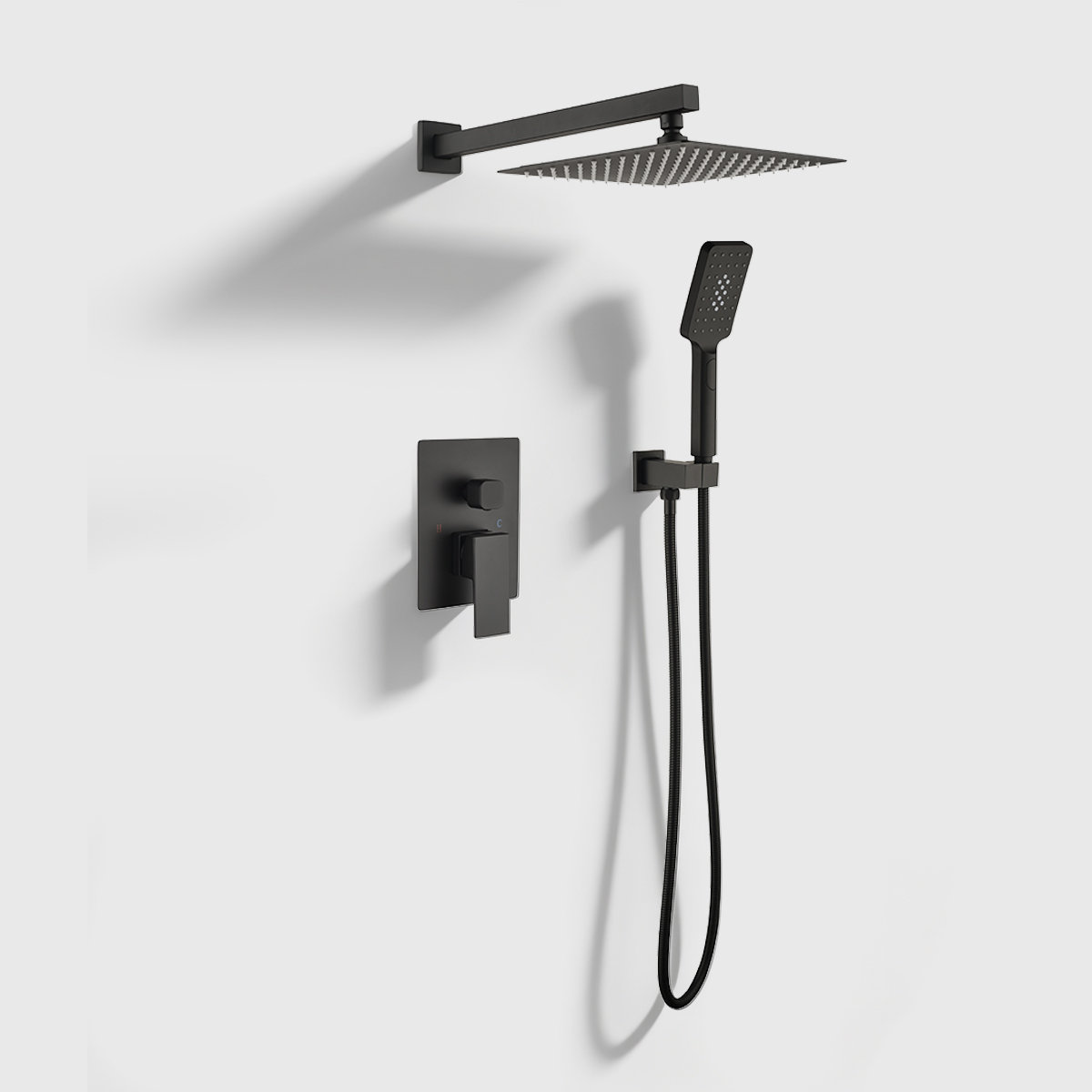 Black-Shower-System-for-Bathroom "Matte black wall-mounted rainfall shower system with handheld shower head and dual control mixer valve, modern bathroom fixture