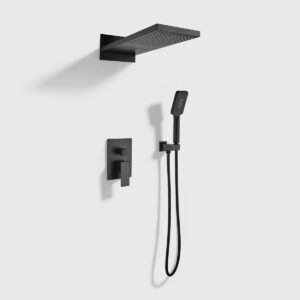 Matte black rainfall shower system with handheld shower head and single lever mixer valve, wall-mounted modern bathroom fixture