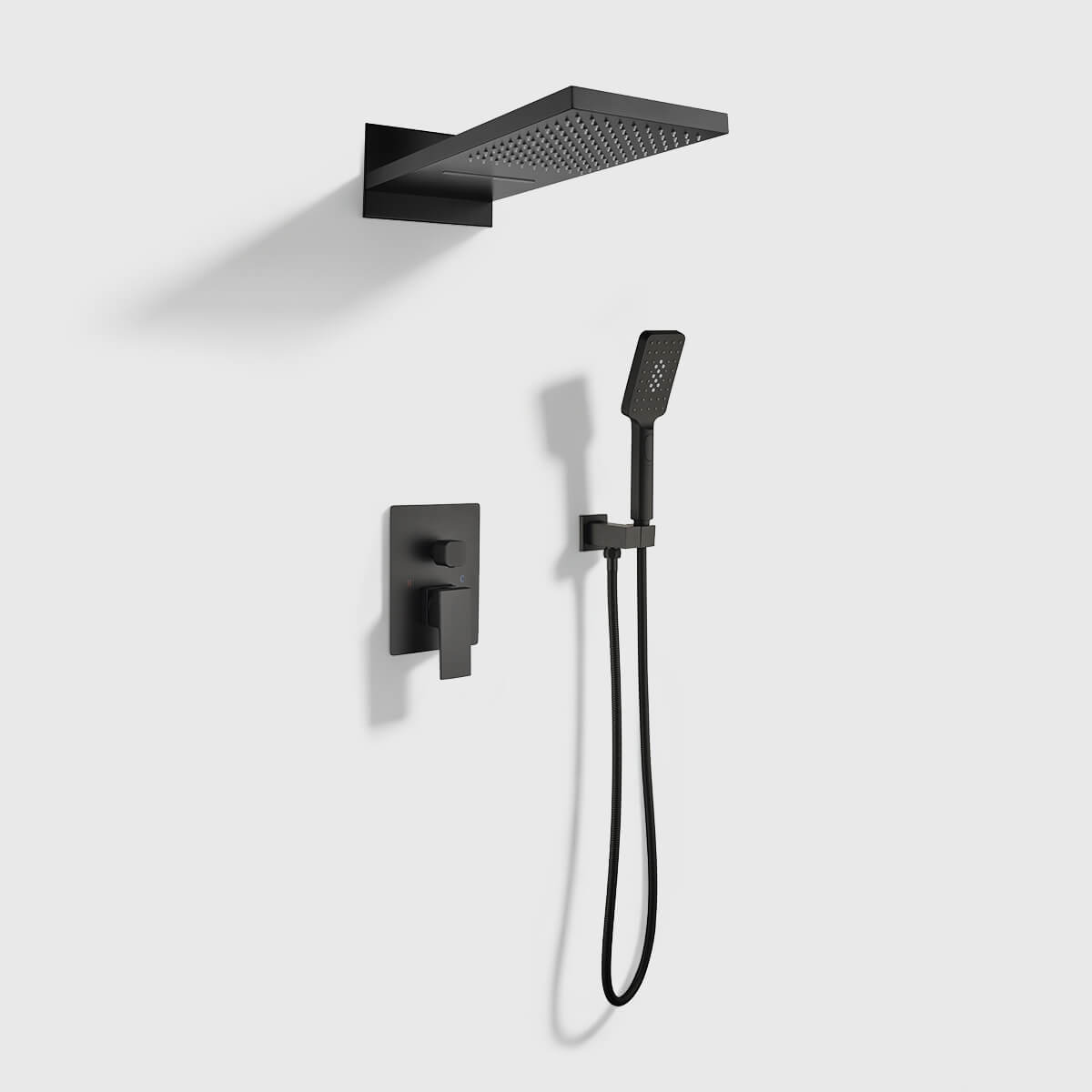 Matte black rainfall shower system with handheld shower head and single lever mixer valve, wall-mounted modern bathroom fixture