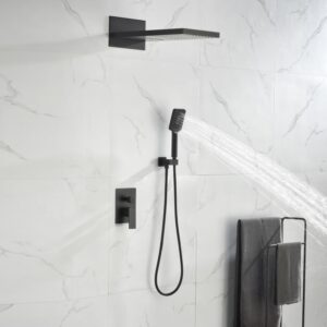 Matte black rainfall shower system with handheld shower head and single lever mixer valve, wall-mounted modern bathroom fixture