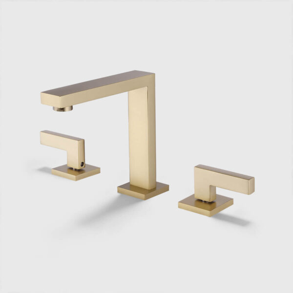 Brushed gold widespread bathroom sink faucet with double handles and matching pop-up drain, modern 3-hole vanity faucet set