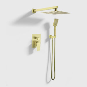 Brushed gold wall-mounted rainfall shower system with handheld shower head and single lever mixer valve, modern bathroom fixture