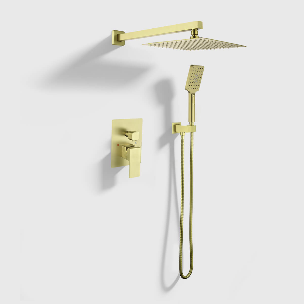 Brushed-Gold-Bathroom-Shower-Faucet (1) Brushed gold wall-mounted rainfall shower system with handheld shower head and single lever mixer valve, modern bathroom fixture