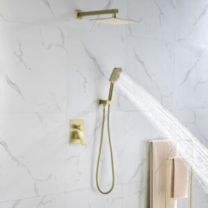 Brushed gold wall-mounted rainfall shower system with handheld shower head and single lever mixer valve, modern bathroom fixture