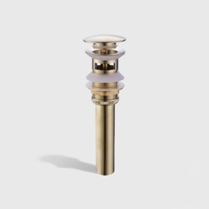 Brushed gold pop-up sink drain with push-button design, universal bathroom vessel sink drain assembly with rubber washers