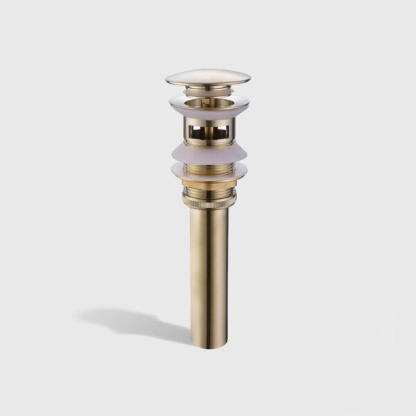 Brushed-Gold-Bathroom-Sink-Lavatory-Vanity-Pop-Up-Drain-Stopper (4) Brushed gold pop-up sink drain with push-button design, universal bathroom vessel sink drain assembly with rubber washers
