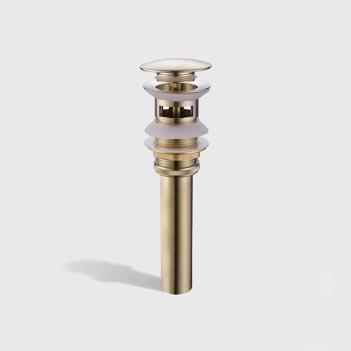 Brushed-Gold-Bathroom-Sink-Lavatory-Vanity-Pop-Up-Drain-Stopper (4) Brushed gold pop-up sink drain with push-button design, universal bathroom vessel sink drain assembly with rubber washers