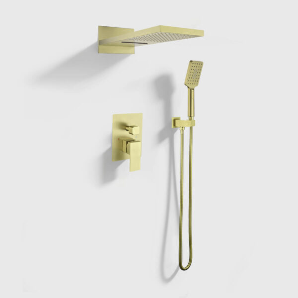 Brushed gold rainfall shower system with handheld shower head and single lever mixer valve, wall-mounted modern bathroom fixture