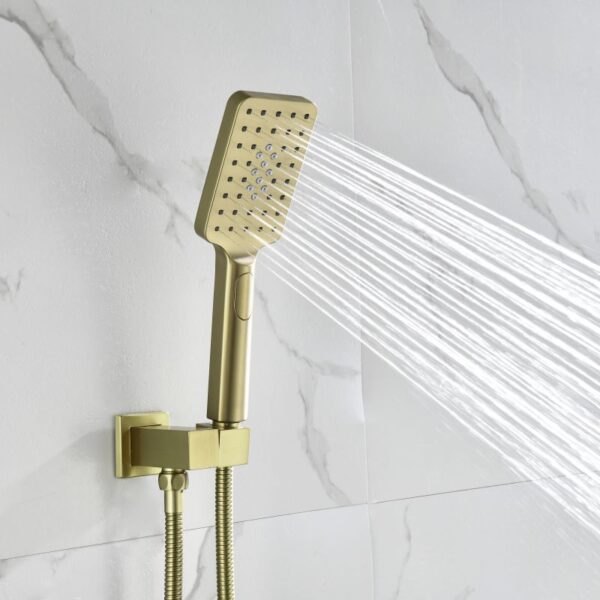 Brushed gold rainfall shower system with handheld shower head and single lever mixer valve, wall-mounted modern bathroom fixture