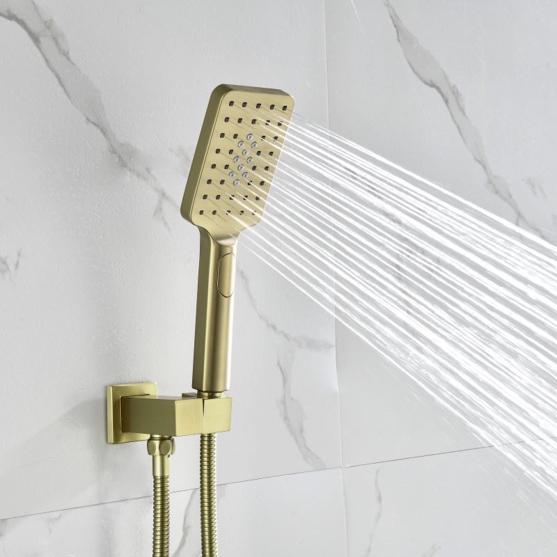 Brushed gold rainfall shower system with handheld shower head and single lever mixer valve, wall-mounted modern bathroom fixture