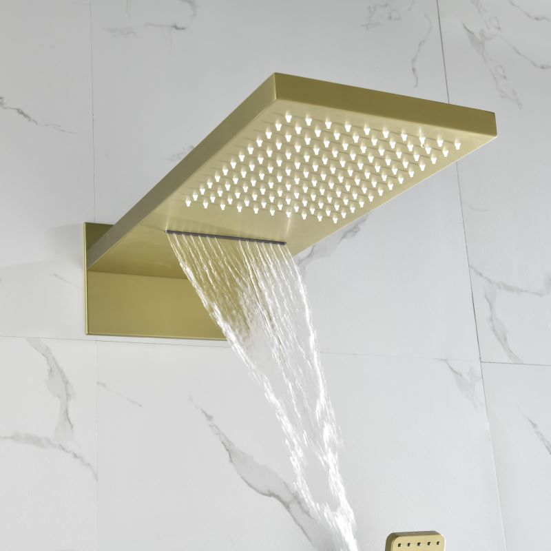Brushed gold rainfall shower system with handheld shower head and single lever mixer valve, wall-mounted modern bathroom fixture