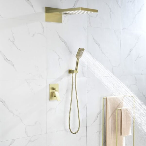 Brushed gold rainfall shower system with handheld shower head and single lever mixer valve, wall-mounted modern bathroom fixture