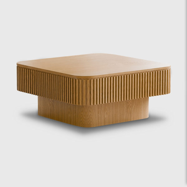 Square ribbed wood lift top coffee table with open storage compartment in a neutral modern living room