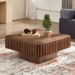Walnut finish ribbed square coffee table with solid wood base, modern sculptural living room accent table