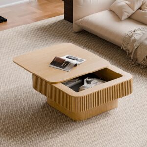 Square ribbed wood lift top coffee table with open storage compartment in a neutral modern living room