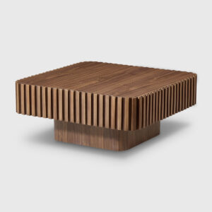 Walnut finish ribbed square coffee table with solid wood base, modern sculptural living room accent table