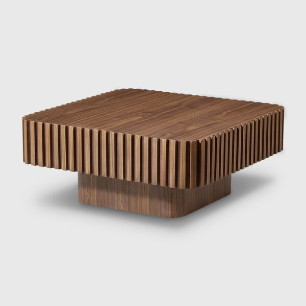Walnut Square Coffee Table for Living Room Walnut finish ribbed square coffee table with solid wood base, modern sculptural living room accent table