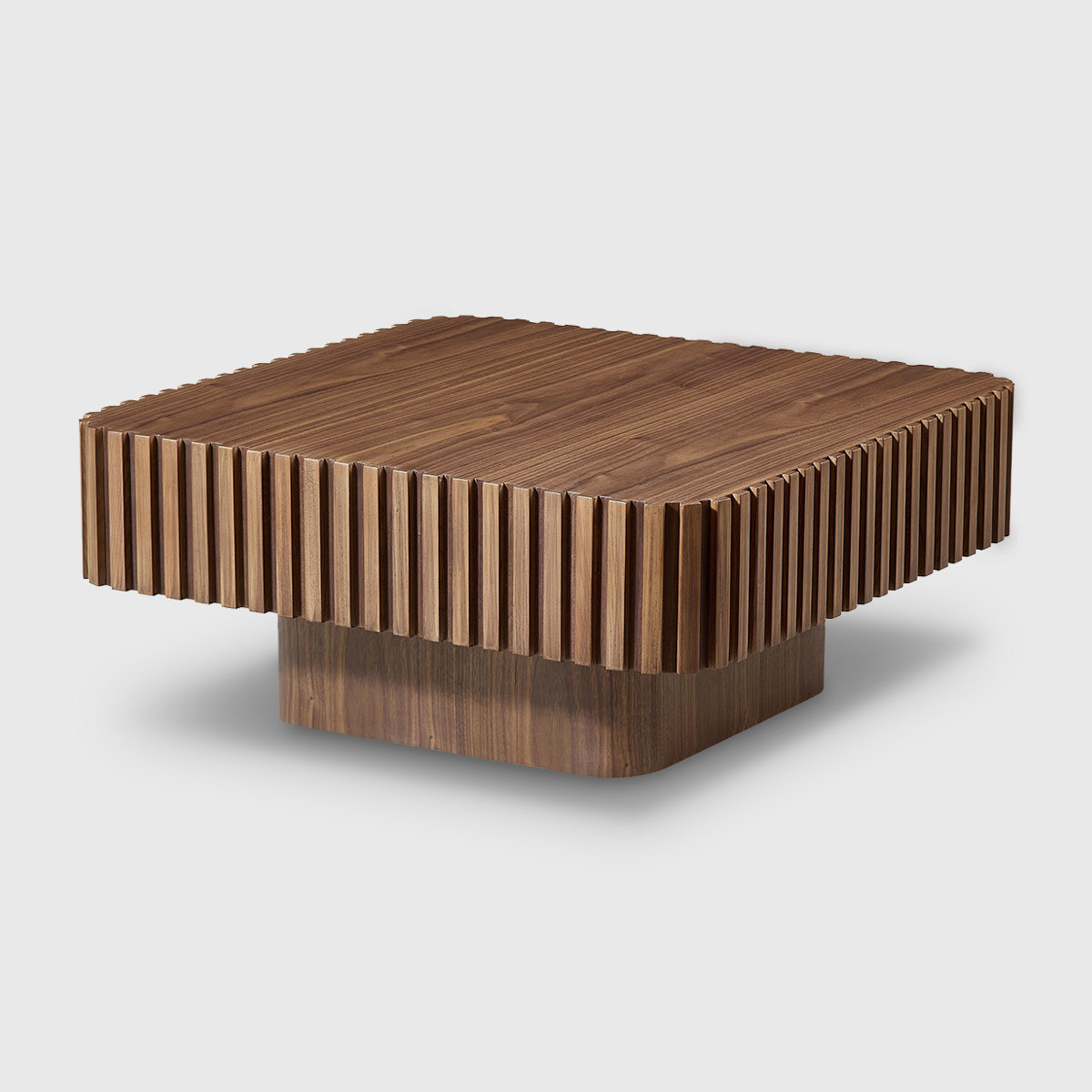 Walnut Square Coffee Table for Living Room Walnut finish ribbed square coffee table with solid wood base, modern sculptural living room accent table
