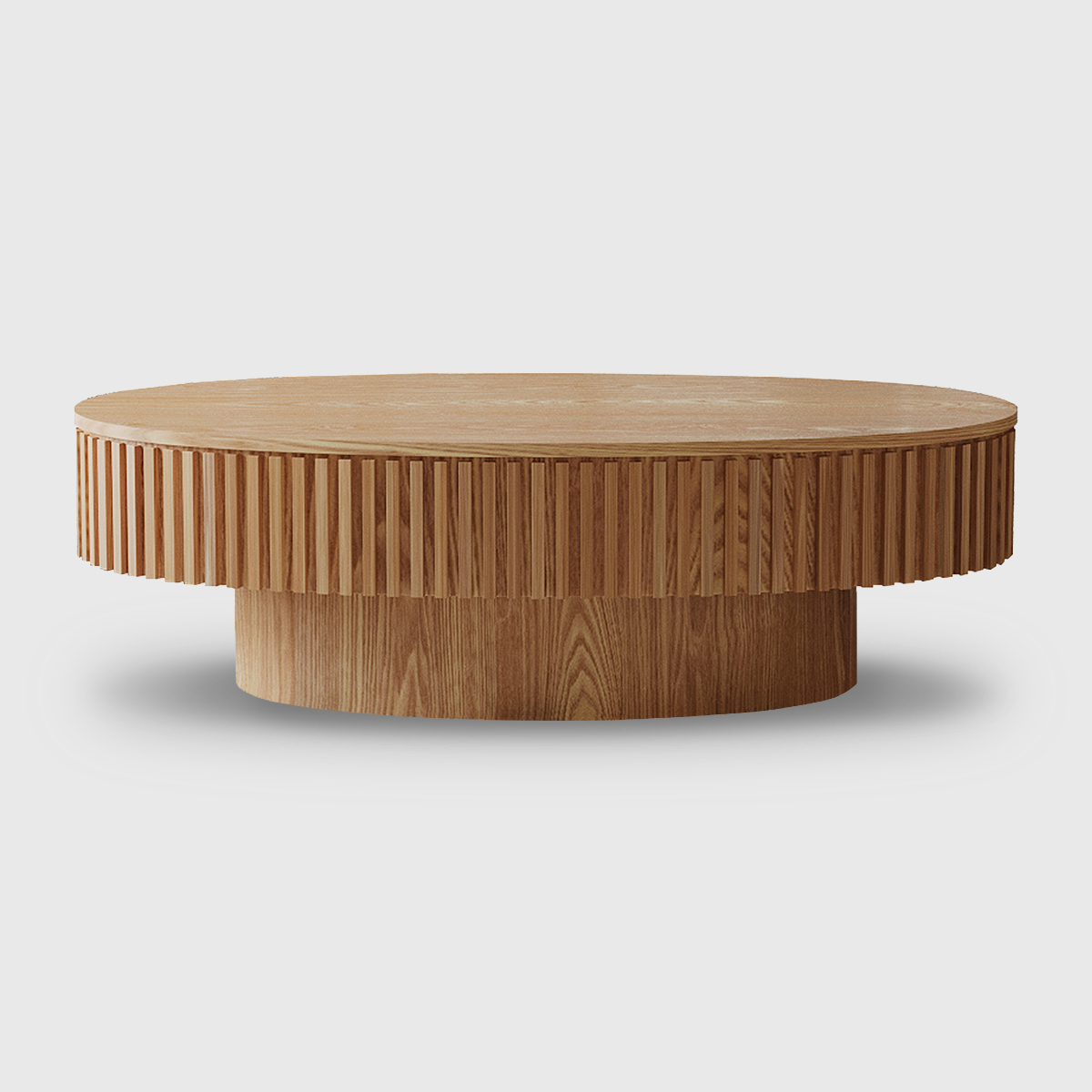 Modern oval storage coffee table with ribbed wood finish and lift top, placed in a cozy contemporary living room with boucle sofa